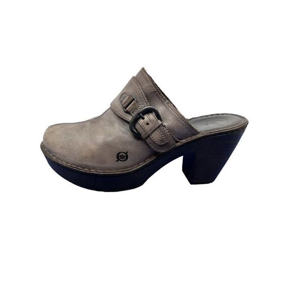 BORN Brown / Gray Leather Slip On Clog Women's Size 10 Shoe Mule Buckle Strap - Picture 11 of 16